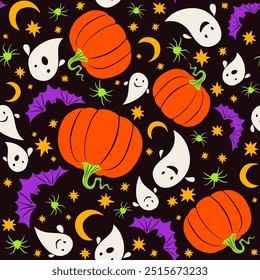 Halloween cartoon vector seamless pattern. Bats, ghost, spider, halloween pumpkins, stars.