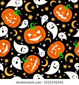 Halloween cartoon vector seamless pattern. Bats, ghost, spider, halloween pumpkins, stars.