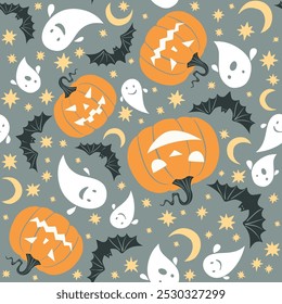 Halloween cartoon vector seamless pattern. Bats, ghost, spider, halloween pumpkins, stars.