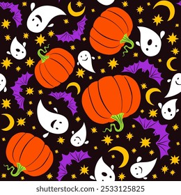 Patrón sin fisuras de Vector de dibujos animados de Halloween. Murciélagos, fantasmas, arañas, calabazas de halloween, estrellas.