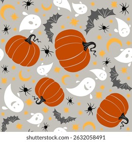 Halloween cartoon vector seamless pattern. Bats, ghost, spider, halloween pumpkins, stars.