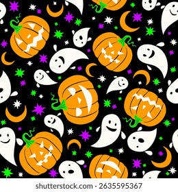 Halloween cartoon vector seamless pattern. Bats, ghost, spider, halloween pumpkins, stars.
