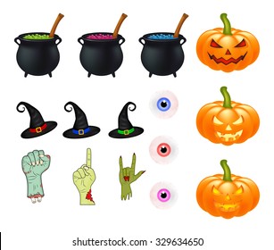 Halloween cartoon vector set, symbols collection. set of vector objects, pumpkins, witch hat cauldron, and more. Vector Set of cute Halloween elements, objects and icons for your design