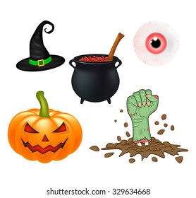 Halloween cartoon vector set, symbols collection. set of vector objects, pumpkins, witch hat cauldron, and more. Vector Set of cute Halloween elements, objects and icons for your design
