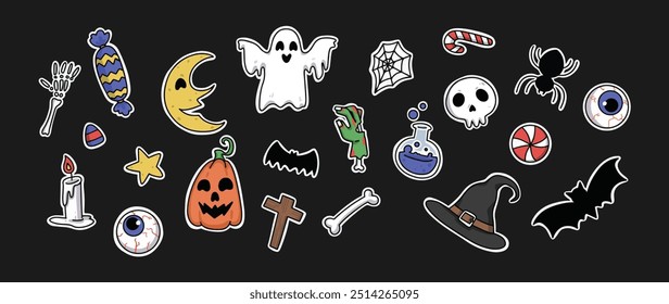 Halloween Cartoon Vetor Adesivos Coleção, Fantasma, Jack-o'-lanterna, Aranha, Osso, Chapéu Mágico, Morcego