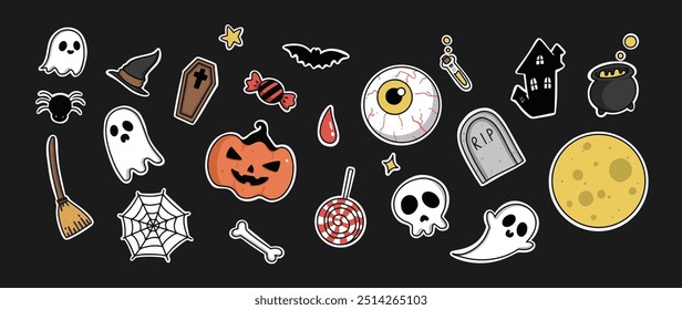 Halloween Cartoon Vector Stickers Collection, Ghost, Jack-o'-lantern, Broom, Candy, Full Moon, Potion