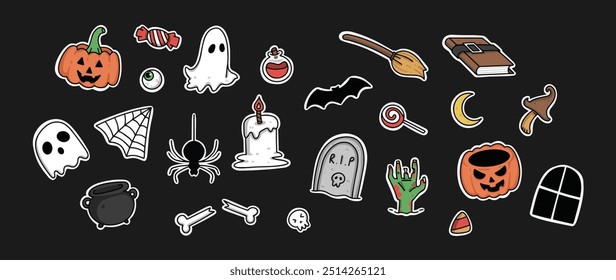 Coleção de adesivos de vetor de desenhos animados de Halloween, Ghost, jack-o'-lantern, Gravestone, Broom, Cauldron