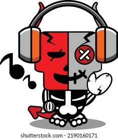 halloween cartoon voodoo devil doll mascot character vector illustration cute skull listening to music
