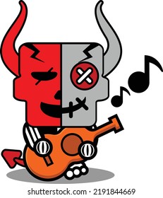 halloween cartoon voodoo devil doll mascot character vector illustration cute skull playing guitar