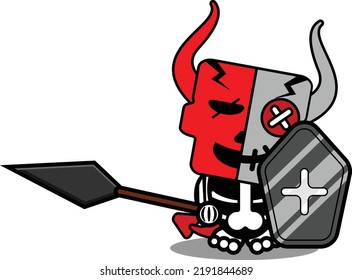 halloween cartoon voodoo devil doll mascot character vector illustration cute skull holding spear and shield