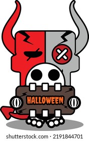 halloween cartoon voodoo devil doll mascot character vector illustration cute skull holding halloween board