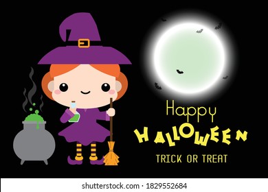 Halloween cartoon Witch with broomstick character. Vector illustration
