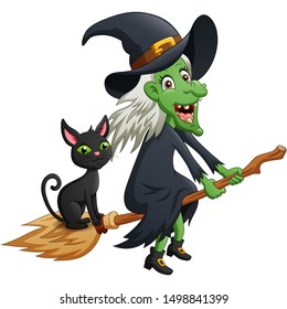 Halloween cartoon witch and cat with flying broom. vector illustration