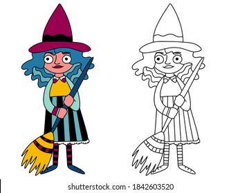 Halloween cartoon witch coloring page stock vector illustration. Fairy tale young witch character colorful and black outline white isolated. Simple cartoon halloween costumed girl coloring book page