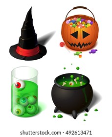 Halloween cartoon witch hat set of isometric, orange pumpkin candy bag, a flask with green liquid and eyes, witches cauldron