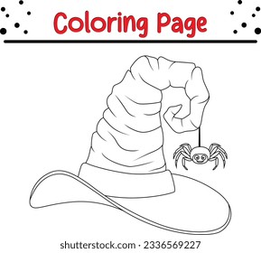 Halloween Cartoon witch hats coloring page for children. Black and white vector illustration for coloring book