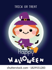 Halloween cartoon Witch on broomstick character. Vector illustration
