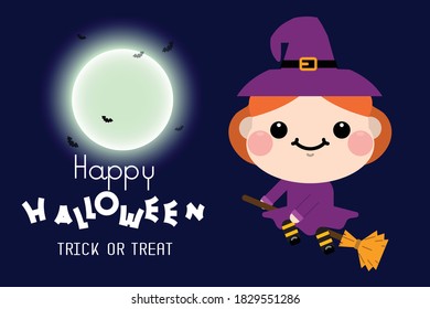 Halloween cartoon Witch on broomstick character. Vector illustration
