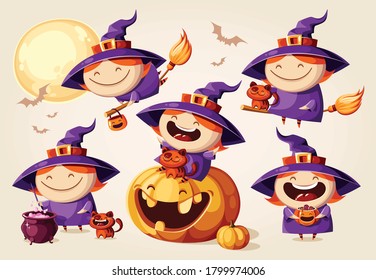 Halloween cartoon witch set. Vector character