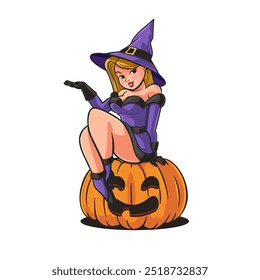 halloween cartoon witch sitting on pumpkin