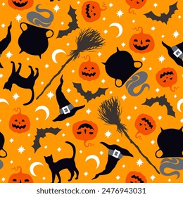 Halloween cartoon witchcraft vector seamless pattern. Pot, broom, black cats, halloween pumpkins, bats