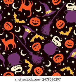 Halloween cartoon witchcraft vector seamless pattern. Pot, broom, black cats, halloween pumpkins, bats