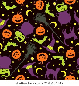 Halloween cartoon witchcraft vector seamless pattern. Pot, broom, black cats, halloween pumpkins, bats