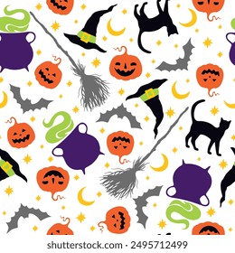 Halloween cartoon witchcraft vector seamless pattern. Pot, broom, black cats, halloween pumpkins, bats