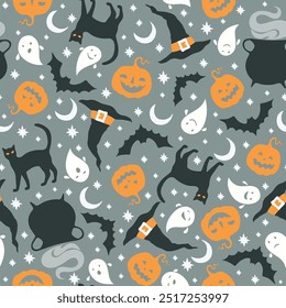 Halloween cartoon witchcraft vector seamless pattern. Pot, broom, black cats, halloween pumpkins, bats