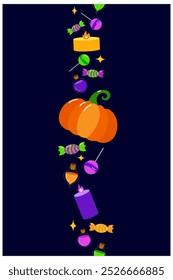 Halloween cartoon witchcraft vector seamless pattern vertical border. Halloween pumpkins, candies, lollipop, candle, poison
