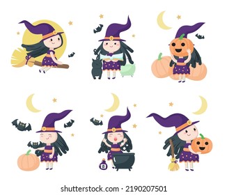 La caricatura de Halloween bruja el conjunto de vectores. Pequeña y alegre figura mágica aislada de fondo blanco. Ilustración de brujería bonita. Celebración de las fiestas de octubre