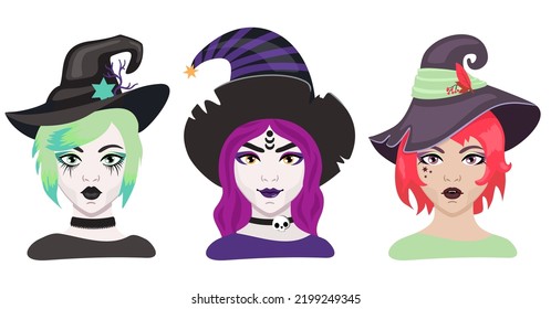 Halloween cartoon witches vector set. Witch wearing typical witch hat. Face painting, witch makeup. Pretty sorceress illustration set. October holiday celebration. Vector Halloween costume elements.