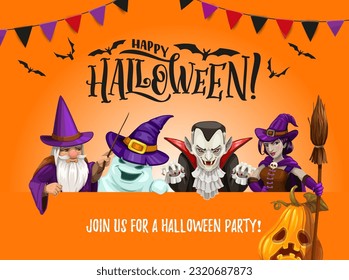 Halloween cartoon wizard, witch, ghost and vampire characters. Happy holiday vector poster with hag with broom, dracula, sorcerer and spook personages. Monsters invite to October horror night party