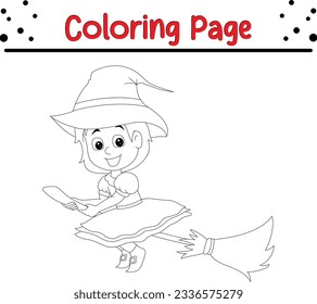 Halloween cartoon young witch coloring page for children. Black and white vector illustration for coloring book