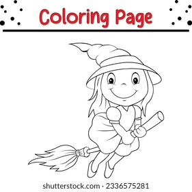 Halloween cartoon young witch coloring page for children. Black and white vector illustration for coloring book