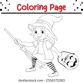 Halloween cartoon young witch coloring page for children. Black and white vector illustration for coloring book