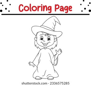 Halloween cartoon young witch coloring page for children. Black and white vector illustration for coloring book