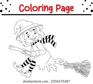 Halloween cartoon young witch coloring page for children. Black and white vector illustration for coloring book