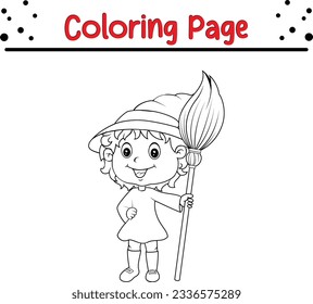 Halloween cartoon young witch coloring page for children. Black and white vector illustration for coloring book