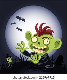Halloween cartoon zombie coming out of the graveyard vector illustration