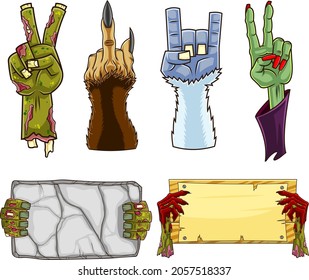 Halloween Cartoon Zombie Hands. Vector Collection Set Isolated On White Background