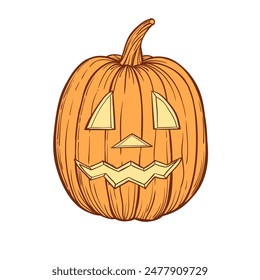 Halloween carved face pumpkin hand drawn sketh vector illustration on white background.