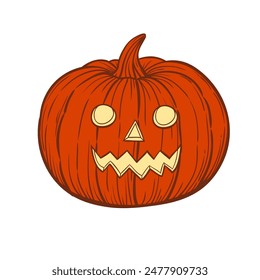 Halloween carved face pumpkin hand drawn sketh vector illustration on white background.