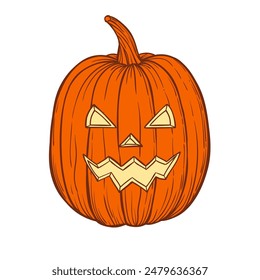 Halloween carved face pumpkin hand drawn sketh vector illustration on white background.