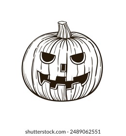 Halloween carved face pumpkin hand drawn sketh vector illustration on white background.