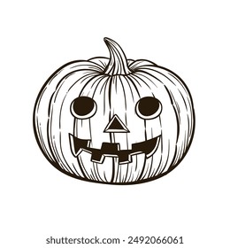 Halloween carved face pumpkin hand drawn sketh vector illustration on white background.