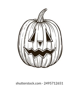 Halloween carved face pumpkin hand drawn sketh vector illustration on white background.