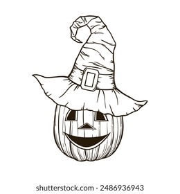 Halloween carved face pumpkin in witch hat hand drawn sketh vector illustration on white background.