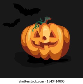 Halloween carved face smile lantern pumpkin orange illustration on dark black background dark night theme with bats