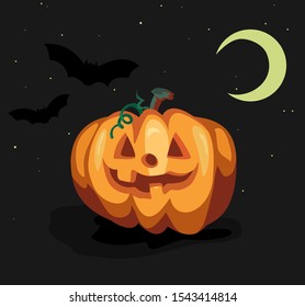 Halloween carved face smile lantern pumpkin orange illustration on dark black background dark night theme with moon and stars